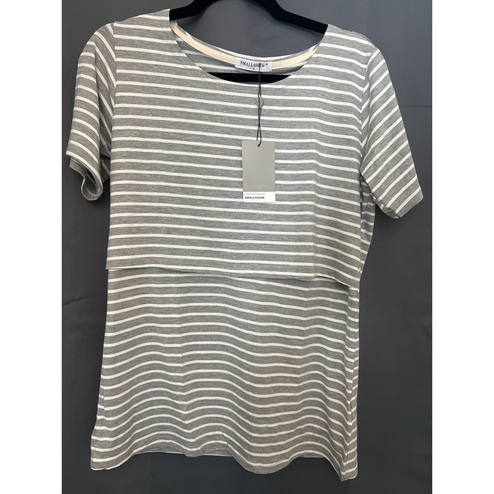 Smallshow Nursing Top Grey White Striped Short Sleeve Maternity  M